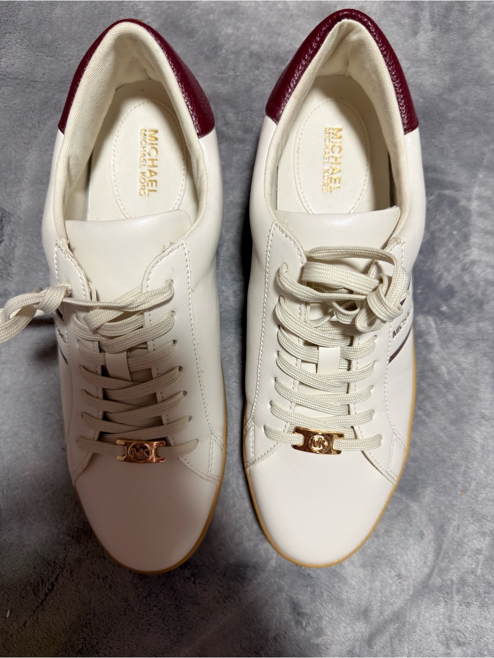 Michael Kors Cream Leather Sneakers with Burgundy Heel Tab and Gold Accent